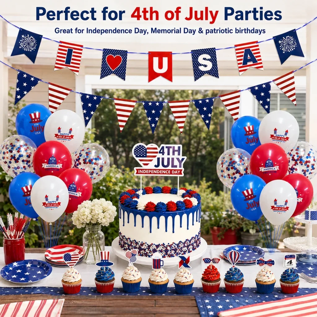 4th July Party Kit Patriotic Decoration Independence Day Memorial Day Party Accessories Patriotic Birthday D Cor USA Bunting Banners Cupcake Toppers