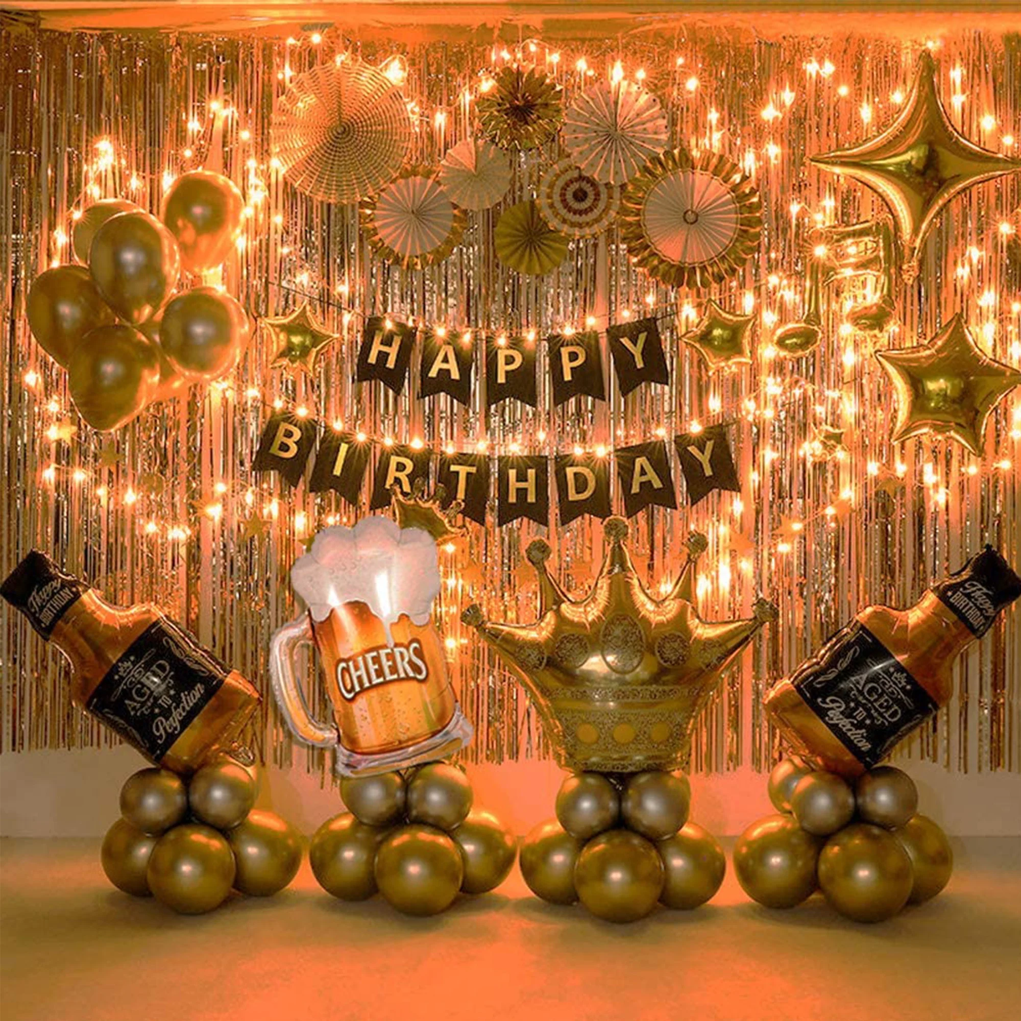 Birthday Party Decoration Gold Background Balloons Set Party Supplies With String Light