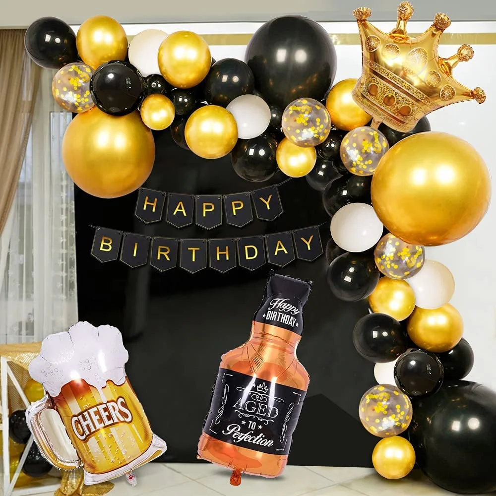 Black Gold Birthday Party Decorations Set Happy Birthday Confetti Balloons Banner Crown Balloons Champagne Foil Balloons Beer Cup Balloons Men Women