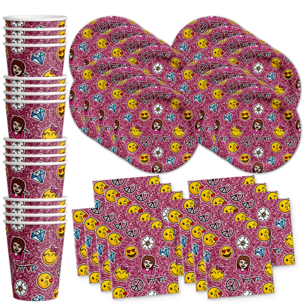 Girl Pink Glitter Emoji Birthday Party Tableware Kit For 16 Guests