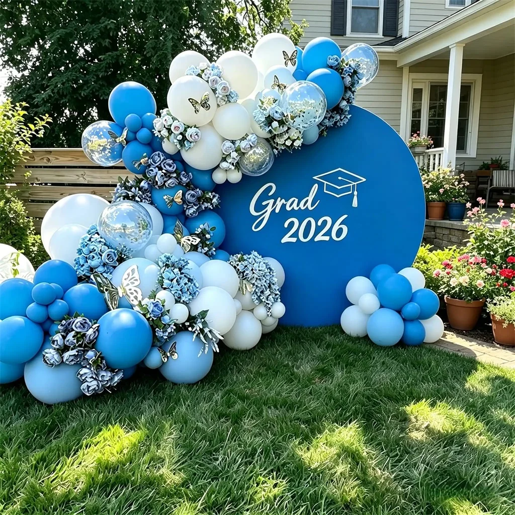 Graduation Event Backdrop Blue White Small Grad Round Graduation Party Event Backdrop Csh64 48