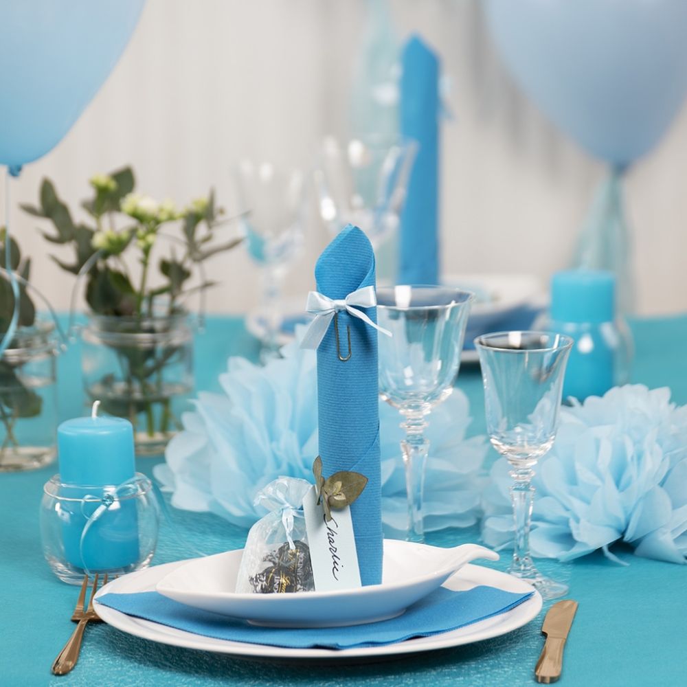 Light Blue Table Decorations With Paper Flowers Balloons A Napkin Folded Like A Tower And Place Cards Light Blue Table Decorations With Paper Flowers Balloons A Napkin Folded Like A Tower And Place Cards