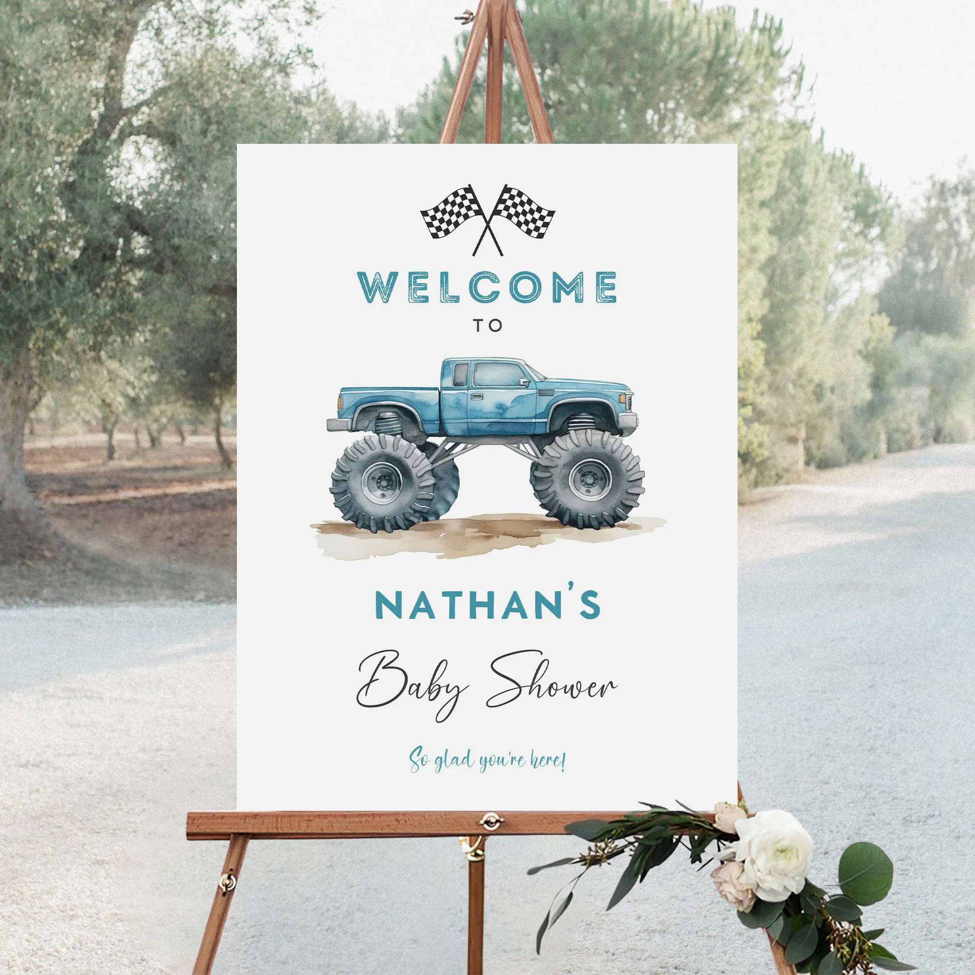 Monster Truck Baby Shower Sign Blue