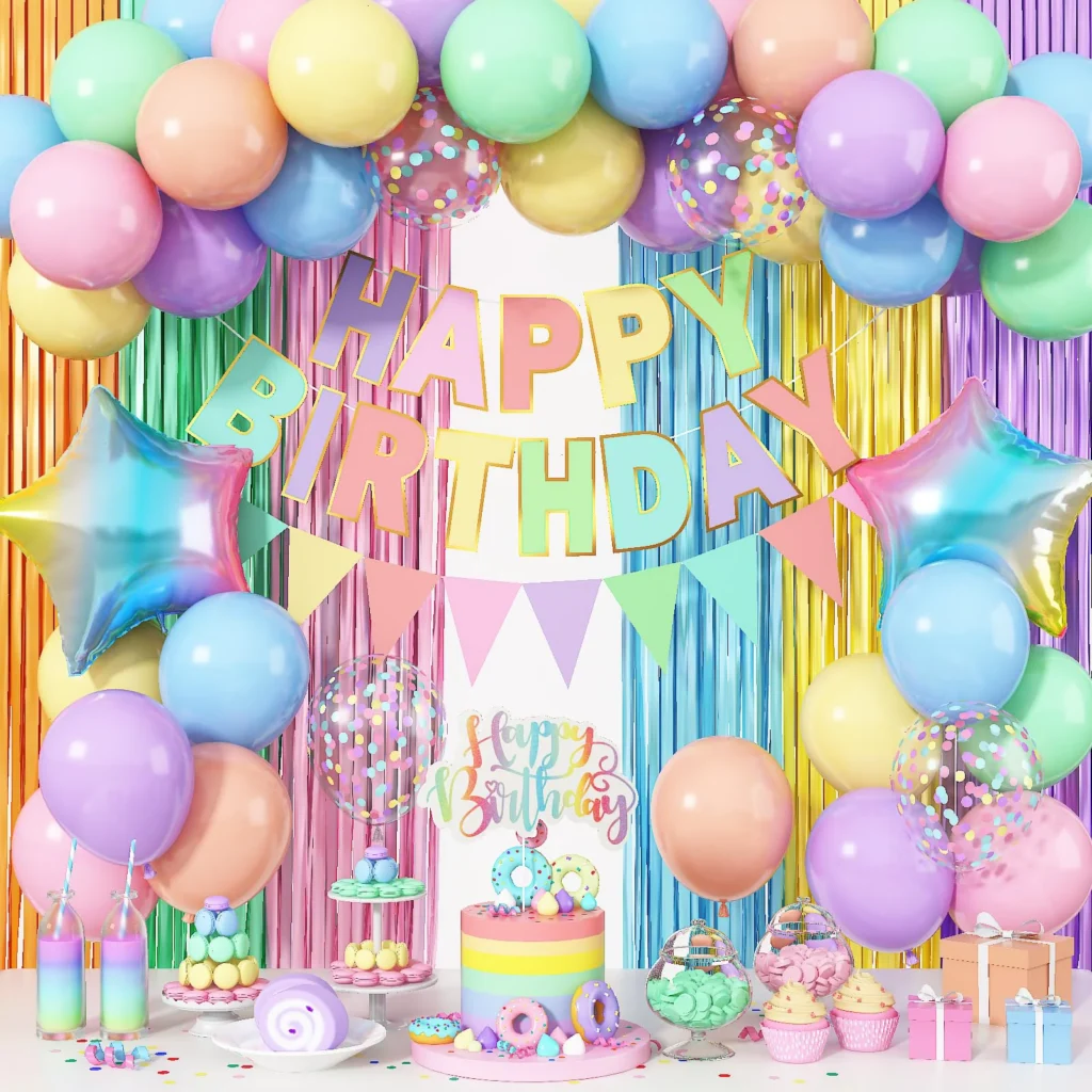Yichuhaoxi Pastel Birthday Decorations Kit For Girls Rainbow Balloons Banner Fringe Curtain Cake Topper For Kids Baby Shower Party